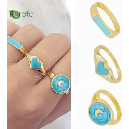 1PC Minimalist Black Blue Rectangular Zircon Women Rings 24K Gold-Plated\Silver Finger Ring Party Round Small Jewelry Gift