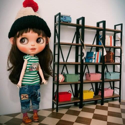 1/6 Dollhouse Model Furniture Accessories Industrial Style Walnut Metal Desk Shelf Rack Blyth Ob11 BJD Dolls Bedroom Photo Props