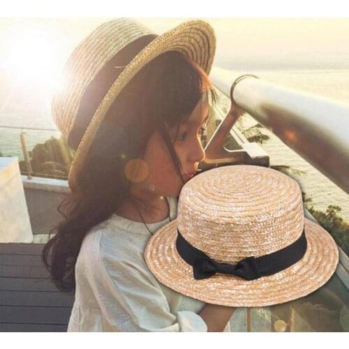 Fashion Cute Child girls Summer Bowknot straw Sun hat Boy Boho Beach Flat Top Fedora hat Sunhat Trilby kids Panama hat