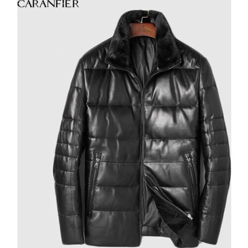 CARANFIER Men Genuine Leather Jackets Winter Warm Sheepskin Coats Mink Fur Collar Casual Outerwear Solid Hip Hop Male Overcoats