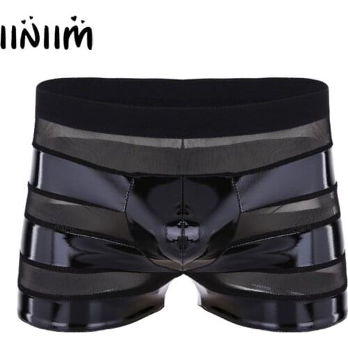 Mens Bulge Pouch Sexy Underwear Lingerie Wetlook Faux Leather Mesh Patchwork Stripe Boxer Shorts Costumes Gay Male Panties
