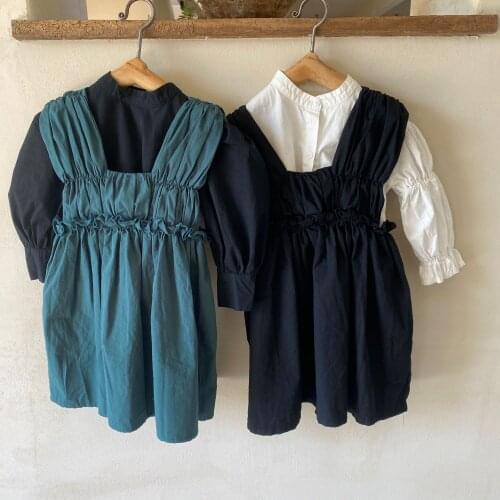 New 2021 Autumn Baby Girls Suspenders Dress V Neck Korean Style Pure Color Kids Straps Dresses Toddlers Children Clothes
