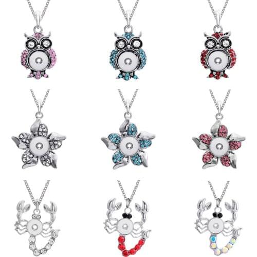 New Snap Button Jewelry Rhinestone Crystal Owl Snap Pendant Necklace with Chains for Women Fit 12mm Snap Buttons Jewelry