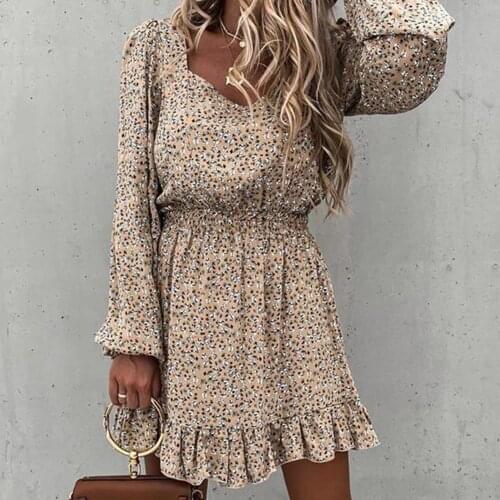 Autumn Women Fashion Dress Long Puff Sleeve Square Neck Floral Print Ruffle Dress Plus Size Female Vestidos