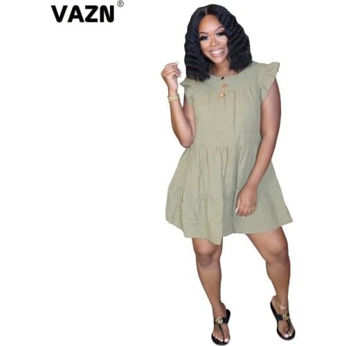 VAZN 2020 Sexy Summer Solid A-line Casual Mini Dresses Sleeveless O-neck Deep Dress Sexy Beach Holiday Elegant Dress