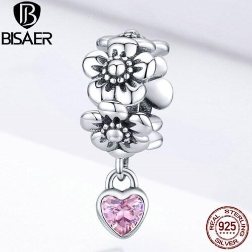 Primrose Pendant BISAER 925 Sterling Silver Stackable petals Pink Zircon Charms for Charm Bracelets DIY Accessories ECC1485
