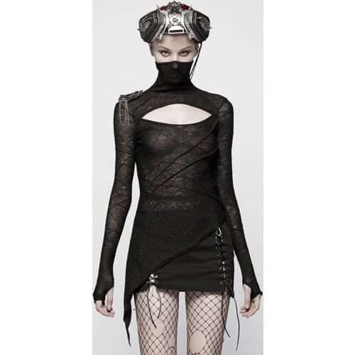 PUNKRAVE Womens Punk T-shirt Knitted T-Shirt Dark Handsome Mask Styling Tees Hollow Design Chest Personality Tops for Women