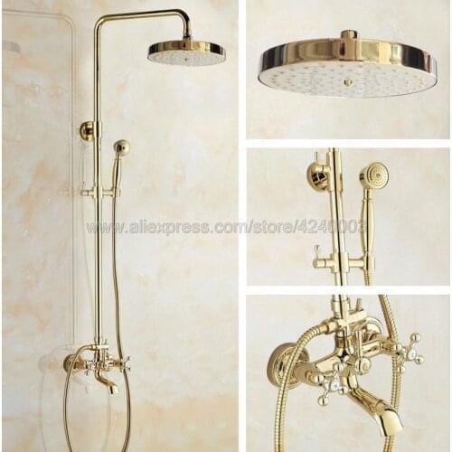 Luxury Gold Color Brass Bathroom Shower Faucet Double Handle Swivel Spout Tub Mixer Tap with Hand Shower Wall Mounted Kgf345
