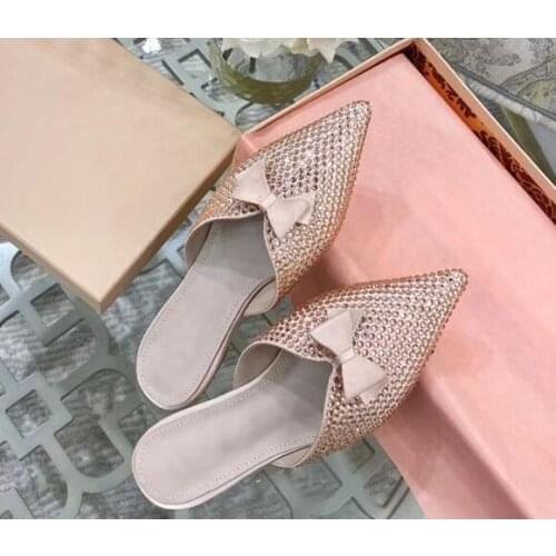 Moraima Snc Crystal Embellisehd Flat Shoes Pointed Toe Butterfly-knot Women Slipper Summer Mules Shoe Rose Gold Black