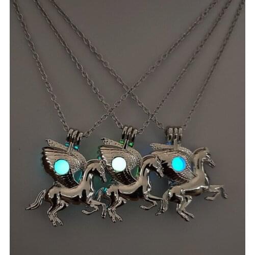 Glow in the Dark Jewelry with Silver Color Horse Shaped Locket Luminous Stone Pendant Choker Necklace for Unisex Gift