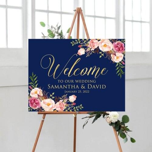 Navy Welcome to Our Beginning Sign, Rose Gold Welcome Sign, Landscape Wedding Sign, Navy and Rose Gold, Marsala, Digital file