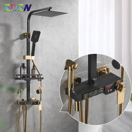 SDSN Thermostatic Shower Set of Black Gold Bathroom Mixer Faucet 8 Inch Rainfall Shower Head Quality Brass Digital Shower Set
