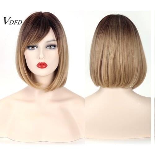 VDFD Short Bob Wig with Bangs Ombre Golden Blonde Synthetic Wigs Heat Resistant Cosplay Faker Hair for Black Women