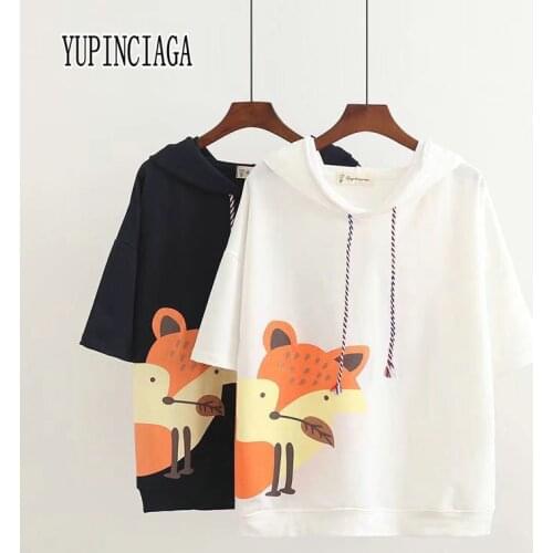 YUPINCIAGA Japanese Mori Womens print fox hooded casual loose short-sleeved T-shirt With Horns Harajuku Hooded Girls Tee tops