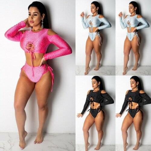 Womens Rhinestone Crystal Bikini Set Sexy Solid Off Shoulder Long Sleeve Swimwear Swimsuit High Waist Beachwear Bathing Suit