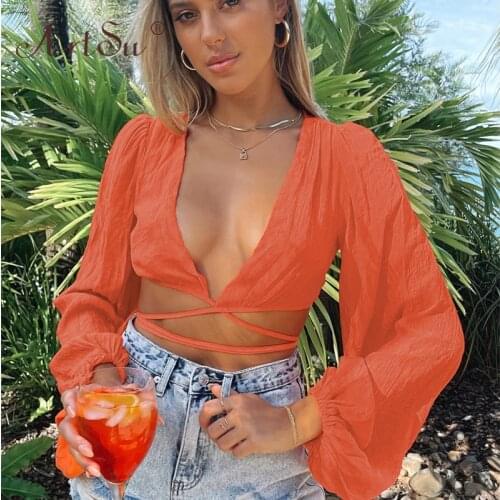 ArtSu White Crop Tops Women Autumn Sexy Hollow Out Lantern Sleeve Deep V Neck Bandage Top Ladies Solid Shirt 2021 Streetwear