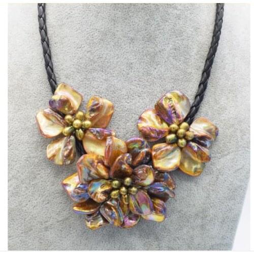 Women Classic Jewelry natural pearl 3 flower brown baroque shell pearl necklace black leather 18" 45cm