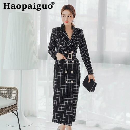 2019 Autumn Winter OL Office Work Dress Women with Sashes Windbreaker Style Blazer Dress Women Double Button Midi Ladies Dresses