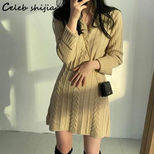 SHIJIA V-neck Sweater Dress Woman Autumn Winter New Long-sleeve Knitted Dress Vestido Mujer Female Korean Loose Twist Knitwear