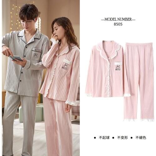 Winter Couples Pajamas Set Cotton Soft Long Sleeve Long Pants Sleepwear For Couple Kawaii Pink Lace Girl Cartoon Bears Homewear