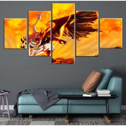 5 Panel Anime Fairy Tail Fire Dragon High Quality Canvas Print Painting For Living Room Home Decor Modular Pictures Poster Frame