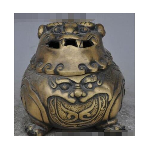Free shipping S3546 Mark China Palace Bronze evil foo dog lion beast statue Incense Burner Censer