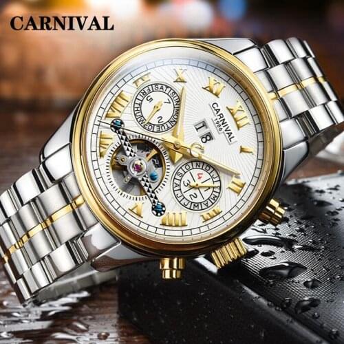 CARNIVAL Mens Watches Top Brand Luxury Sapphire Mechanical Watch Men Full Steel Luminous Waterproof Sport Business Watches Mens