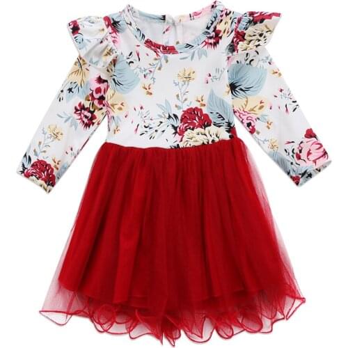 Newborn Kids Baby Girls Long Sleeve Flower Print Lace Patchwork Dresses Clothes New Size 0-3T