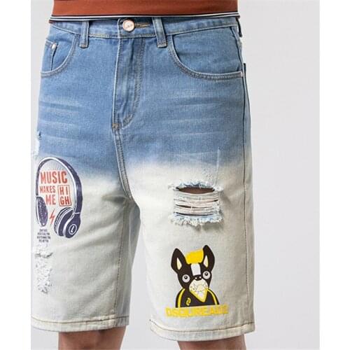 2021 Summer Funny Anime Printed Hole Denim Shorts Mens Hip Hop Tide Brand Loose Color Matching Jean Short Pants Vaqueros Hombre