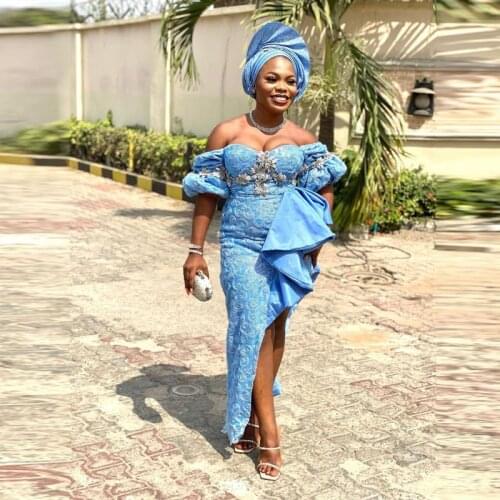 Blue Aso Ebi Prom Dresses With Split For Black Girls Off Shoulder Appliques Mermaid Evening Dress Short Sleeves Lace Party Gowns