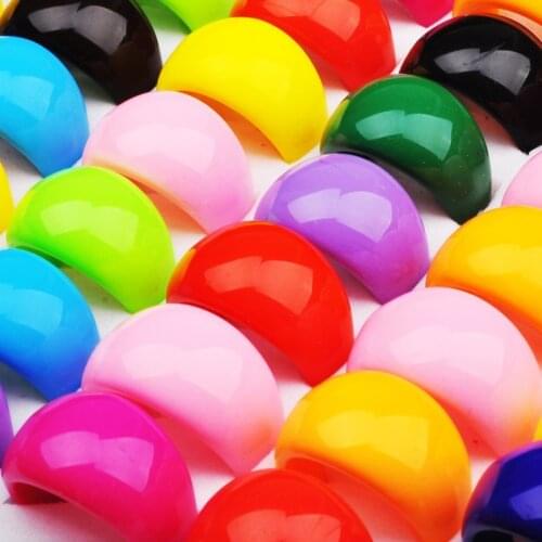 Imixlot 20pcs Solid Color Cabochon Round Finger Ring 16-20mm Mixed Acrylic Resin Rings for Women Girls Jewelry Wholesale