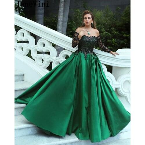 JaneVini Elegant Green A Line Prom Dresses Plus Size Long Sleeves Black Appliques Sequined Satin Gown Arabic Sexy Evening Dress