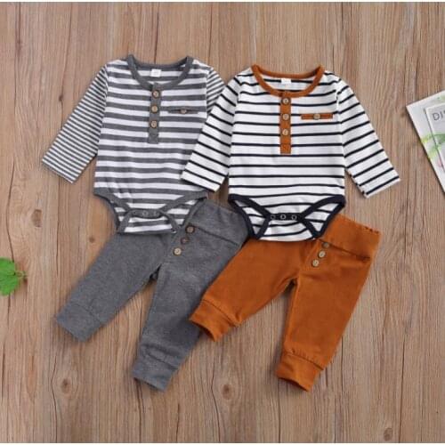 2 Pcs Baby Boys Casual Suit Round Neck Long Sleeve Stripe Romper Solid Color Button Loose Trousers Baby Clothes