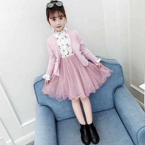 2021 Spring Summer Girls Long-sleeved Sweater Cardigan Dress 2pcs Clothing Set Kids Princess Mesh Flower Dresses Suit Set W64