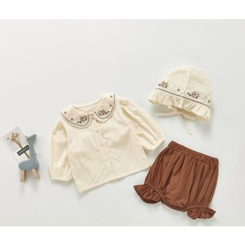 Girls Clothes Sets Boutique Peter Pan Collar Children Tops+Panties+Hat 3pcs/set Toddler Kids Birthday Baptism Suit 0-3Y