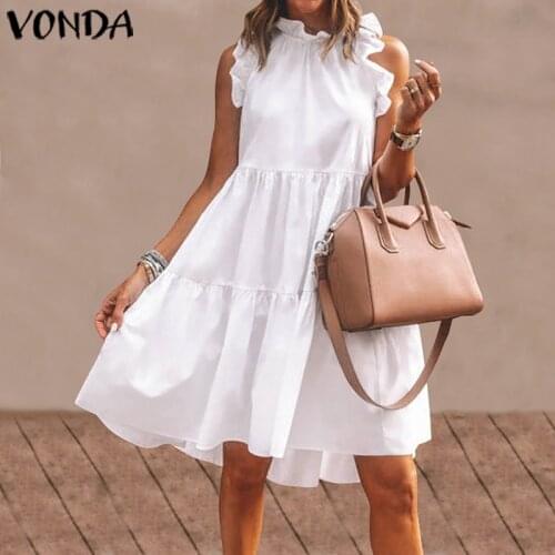 Summer Short Dress Women Sexy Sleeveless Ruffled Dress Beach Holiday Sundress 2021 VONDA Bohemian Vestidos Robe Femme