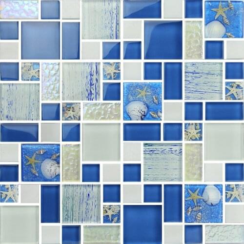 Blue color crystal glass mixed sea shell mosaic for kitchen backsplash tile bathroom shower hallway wall mosaic free shipping