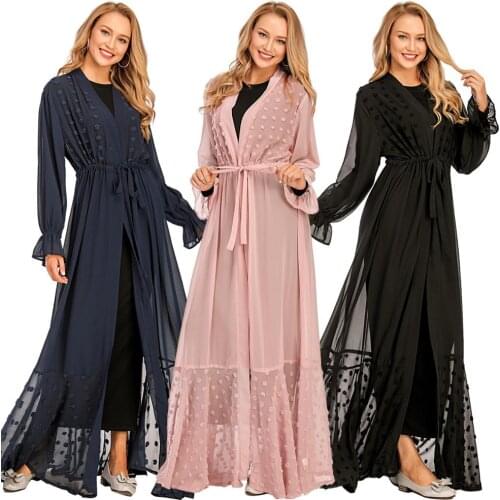 Muslim Peignoir Abaya Mesh Hand Made Cardigan Dress Hijab Kimono Long Robe Gowns Tunic Jubah Ramadan Eid Arab Islamic Turkey