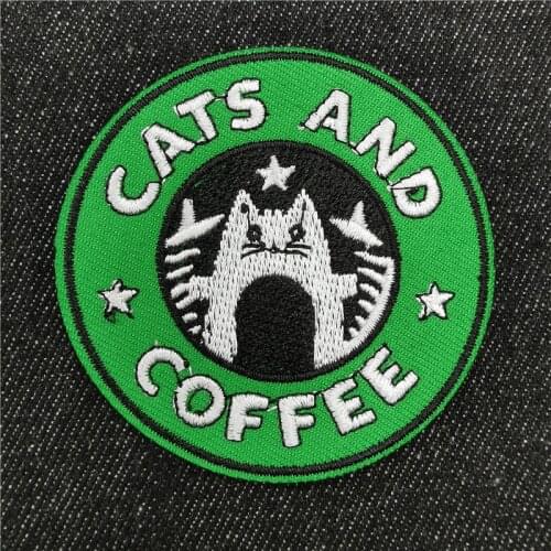 Cat and Coffee Embroidery Patches on Clothes Moon Frog Iron on Sticker Letters Badges Prajna Van Gogh Patch for Clothing Ironing