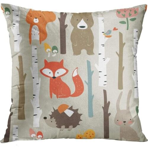 Emvency Throw Pillow Covers Forest Cute Fox Bear Bunny Elk Hedgehog Birds Mushrooms Trees Decor Pillowcases Polyester Square
