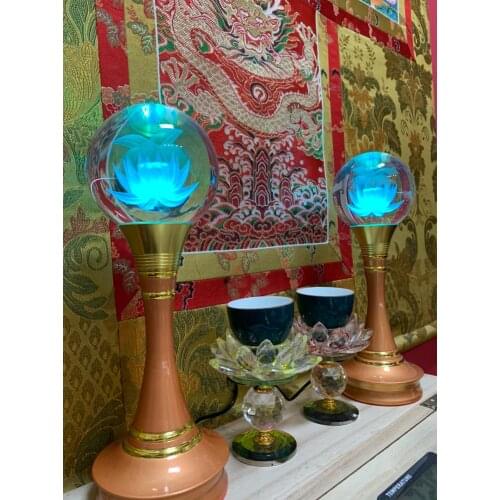 Wholesale TOP GOOD Buddhist articles- 35cm large HOME family Protection Talisman- 7 colors Lotus Crystal Buddhist temples lamps