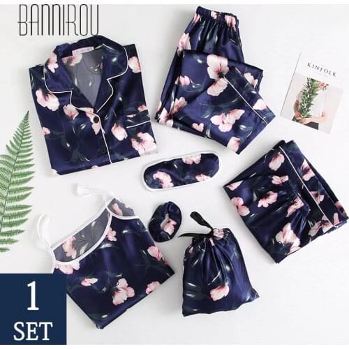 BANNIROU Womens Pajamas Sets Home Clothes Printed Floral 7 Pieces Pyjamas Suits Women Sleepwear Sets Home Wear 2021 Spring New