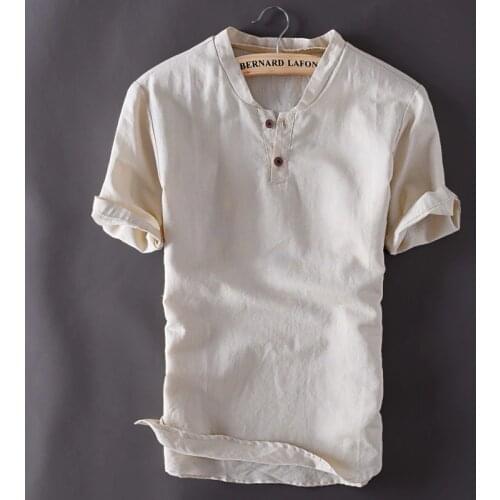 Mens Pullover Linen Shirts Short Sleeve Summer Breathable Mens Quality Casual Shirts Slim fit Solid Cotton Shirts Men TS-150