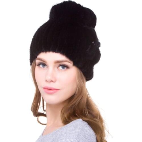 Real mink hat ladies winter warm and comfortable hand-woven flower pattern ear protection fashionable mink hat