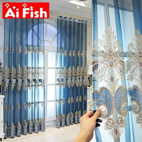 Blue Luxurious Window Blinds Embroidery Volie Tulle Curtains For Living Room High End Lace Window Screen Sheer Bedroom Drapes #3