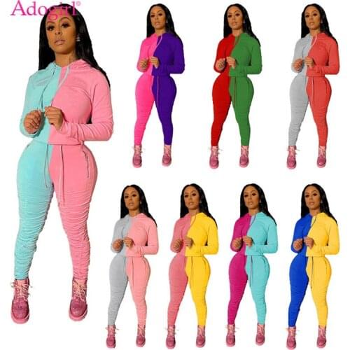 Adogirl Color Patchwork Two Piece Set Women Tracksuit Long Sleeve Hooded Sweatshirts Top Stacked Pants Female Jogging Sportswear