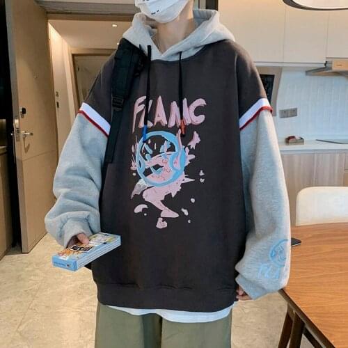 Hooded Sweatshirt Fake Two Tops Casual Trendy Pullover Autumn Streetwear Print Hiphop Cartoon Loose Sports Male Clothes Oversize