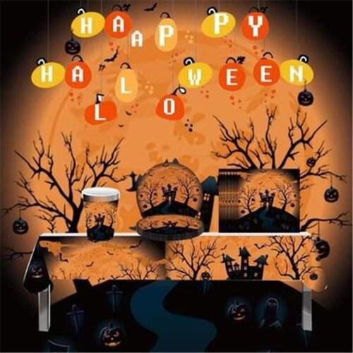 Halloween Theme Party Decoration Tableware Set Disposable Plate Paper Cup Straw Tablecloth Banner Flags Decor Halloween Supplies