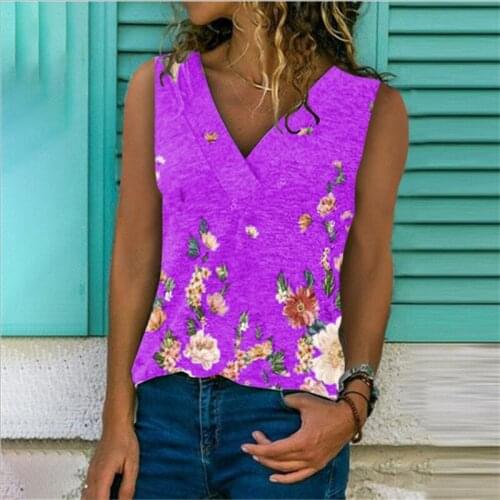 Summer Top Women Print Floral Sleeveless Sexy Vest T-shirt Casual Loose V-neck Street Ladies Tops Tee Shirt Femme