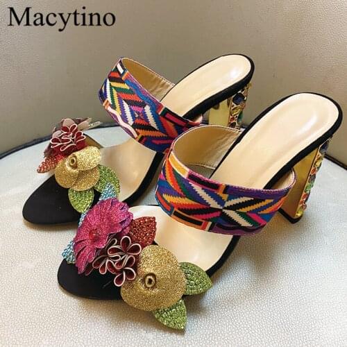 Flower-decorated ladies high-heeled slippers colorful diamond and flower-decorated high-heeled fashionable party slippers